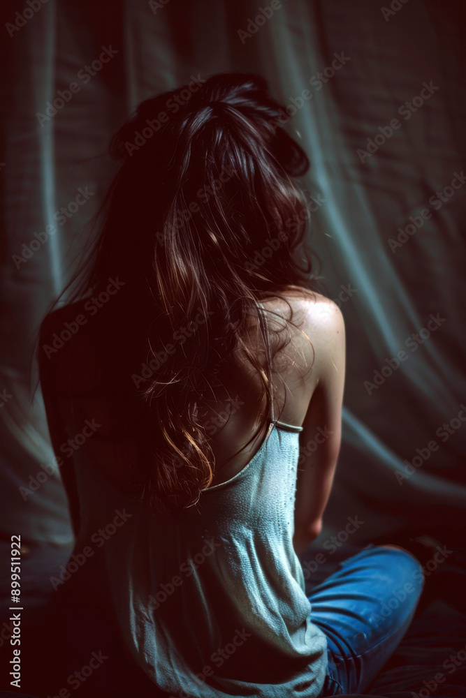 Depression Awareness Month. Mental Health Disorder. A woman sitting in front of a curtained window. Back view. Stressed Woman. Vertical banner. Copy space. Mental health concept Depression Awareness Month. Mental Health Disorder. A woman sitting in front of a curtained window. Back view. Stressed Woman. Vertical banner. Copy space. Mental health concept