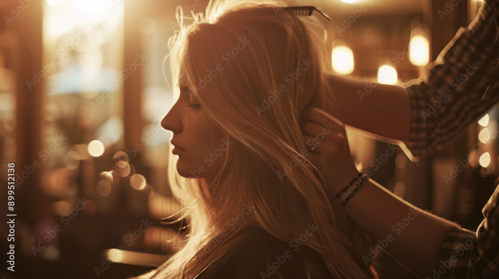 Fototapeta premium A woman with long blond hair enjoys a serene moment at the salon, bathed in warm golden light, as a stylist delicately works on her hair.