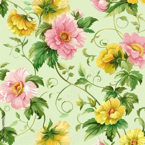 Seamless Floral Pattern with Pink and Yellow Flowers on Green Background