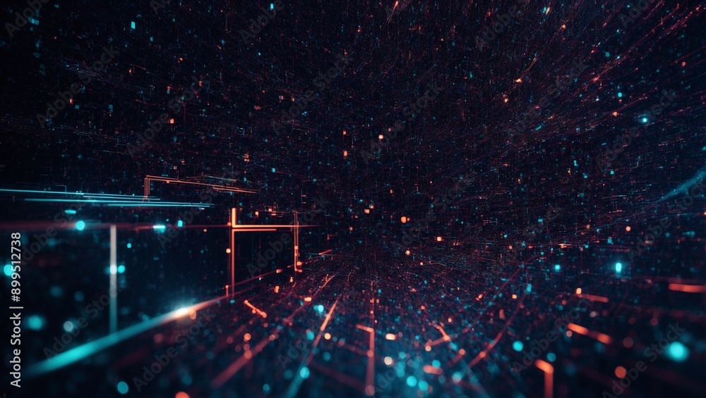 Obraz premium Neon Data Stream: A futuristic tunnel of glowing blue and orange data streams races through a digital cosmos, representing the rapid flow of information in the digital age. 