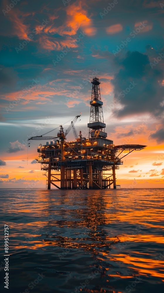 Stunning Offshore Oil Rig Platform in the Ocean with Dramatic Sunset Scenery and Vibrant Reflections Stunning Offshore Oil Rig Platform in the Ocean with Dramatic Sunset Scenery and Vibrant Reflections