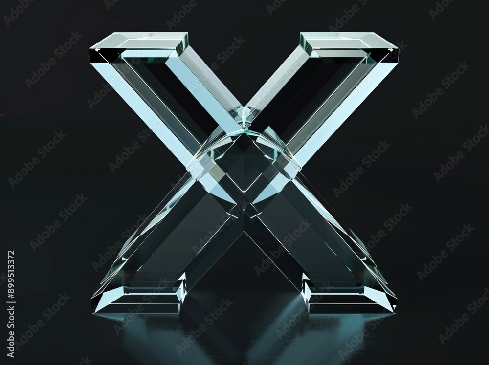 Transparent glass sculpture shaped like an X on a dark black background, modern, sleek design. Concepts of technology, precision, innovation, social media, marketing Transparent glass sculpture shaped like an X on a dark black background, modern, sleek design. Concepts of technology, precision, innovation, social media, marketing