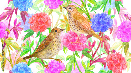 watercolor seamless texture with multicolor peony flowers, colorful leaves and couple of brown birds