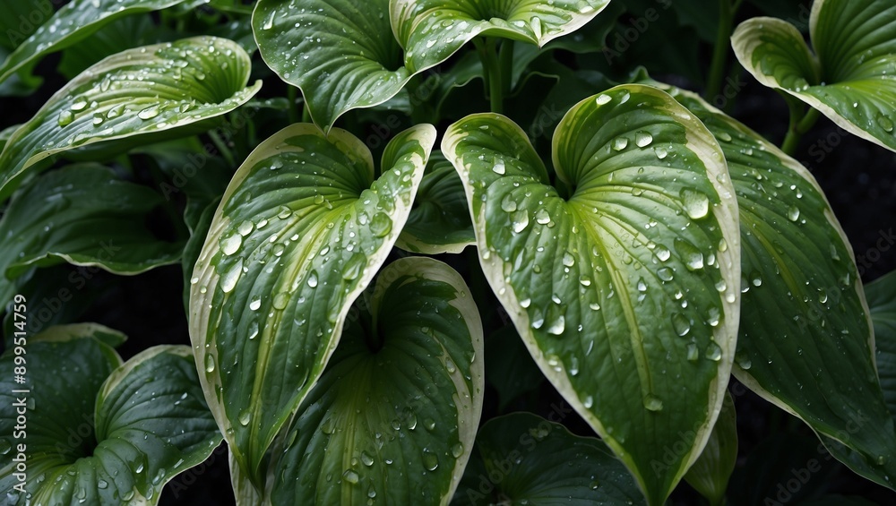 Fototapeta premium Close-up of lush green leaves with water droplets on top.
