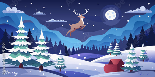 Winter landscape with deer paper cut-out and fir trees in snow. Festive horizontal banner with text Merry Christmas, Village and flying santa's sleigh in night sky with stars, snowfall and moon