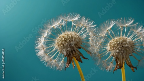 Close-up of two dandelions with turquoise background