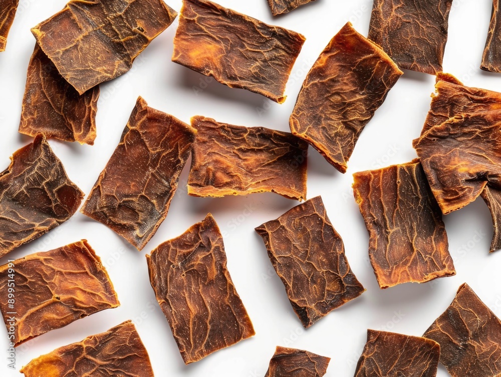 A close up of many pieces of meat jerky A close up of many pieces of meat jerky