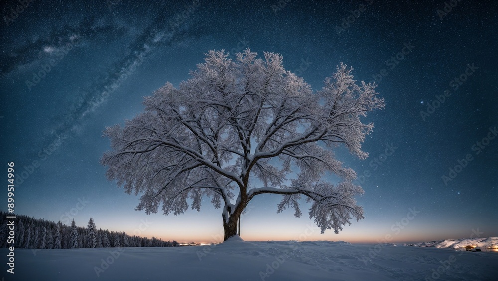Frozen Majesty Under a Starry Sky: A lone tree, cloaked in winter's icy embrace, stands sentinel beneath a breathtaking expanse of stars. Frozen Majesty Under a Starry Sky: A lone tree, cloaked in winter's icy embrace, stands sentinel beneath a breathtaking expanse of stars.