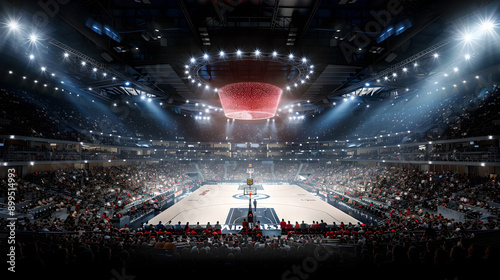Packed Basketball Arena with Illuminated Center Court
