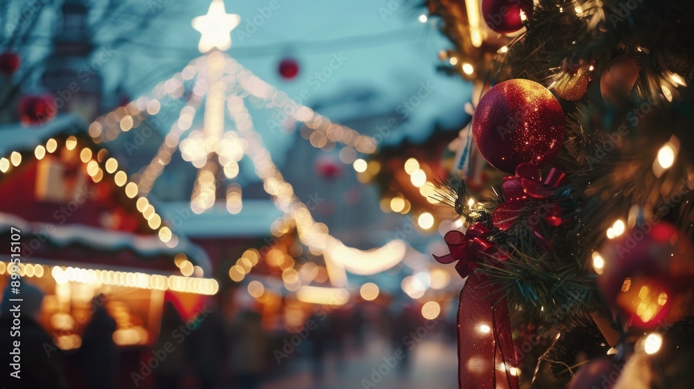 Fototapeta premium A Christmas tree with red ornaments and a star on top