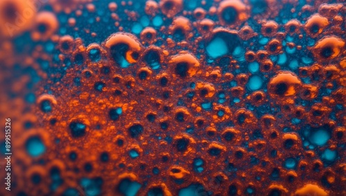 Abstract Macro: A mesmerizing close-up of vibrant orange and blue bubbles, captured in a captivating abstract pattern. Perfect for design projects that explore color, texture, and organic forms. 