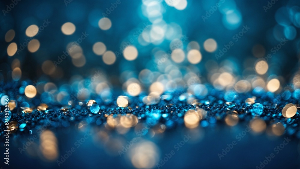 Fototapeta premium Azure Bokeh Sparkle: A mesmerizing close-up of shimmering blue and gold bokeh, capturing the magic and sparkle of a festive celebration or special occasion.