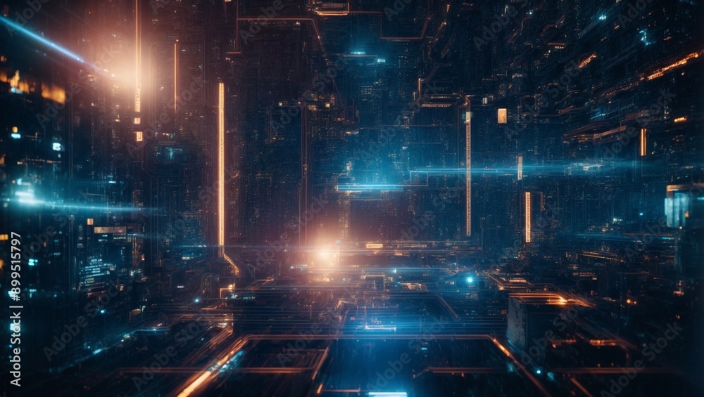 Fototapeta premium Cyberpunk Metropolis: A futuristic cityscape aglow with neon lights, reflecting off sleek, metallic structures in a mesmerizing display of technology and urban life. 