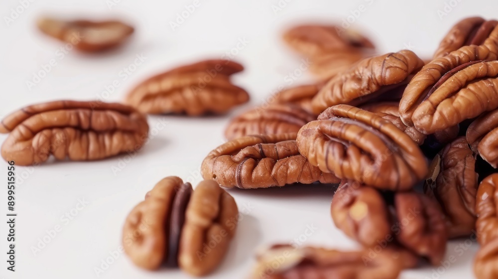 Pecan nuts are scattered on a white surface, forming a delicious and textured background Pecan nuts are scattered on a white surface, forming a delicious and textured background