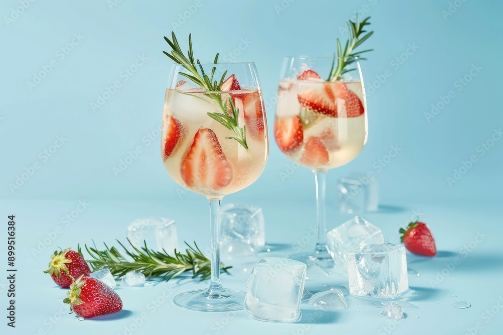 Two glasses of strawberry wine with ice cubes and rosemary on top Two glasses of strawberry wine with ice cubes and rosemary on top