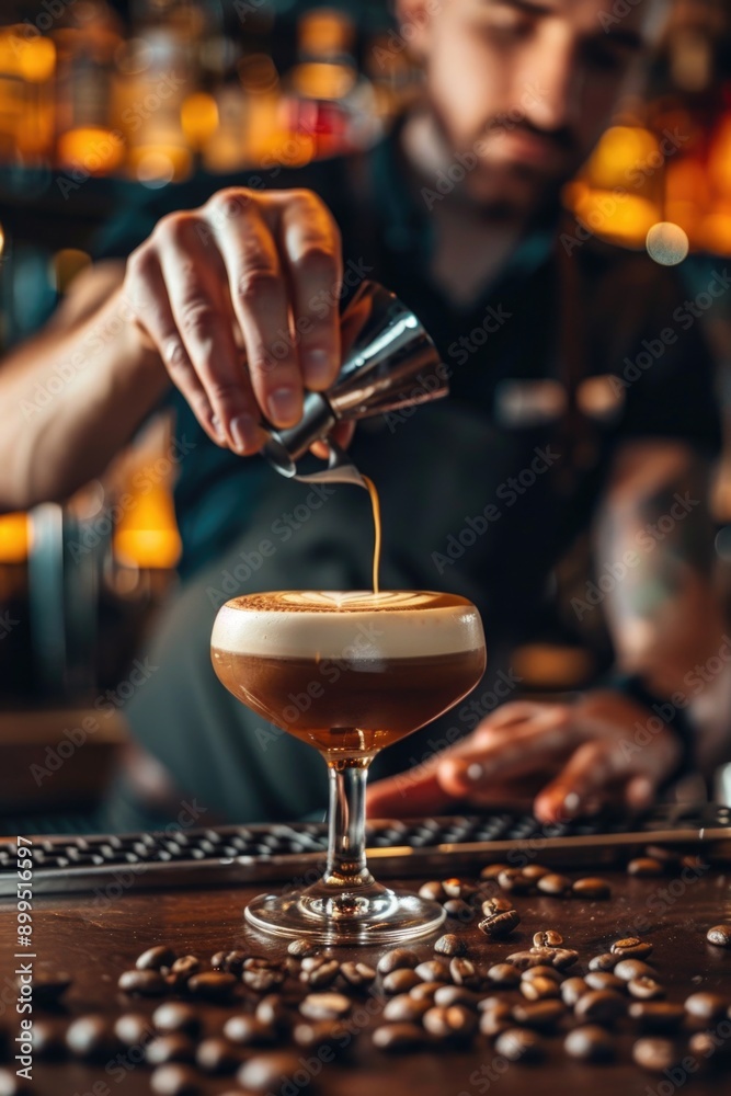 A man is pouring a drink into a glass with a shaker on the table A man is pouring a drink into a glass with a shaker on the table