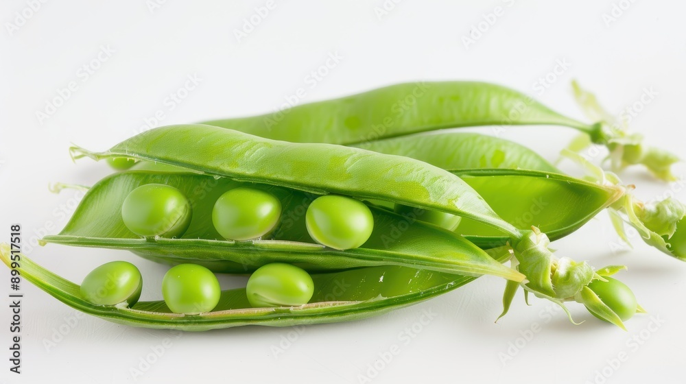 Fresh peas in open pea pods, displayed against a white background Fresh peas in open pea pods, displayed against a white background