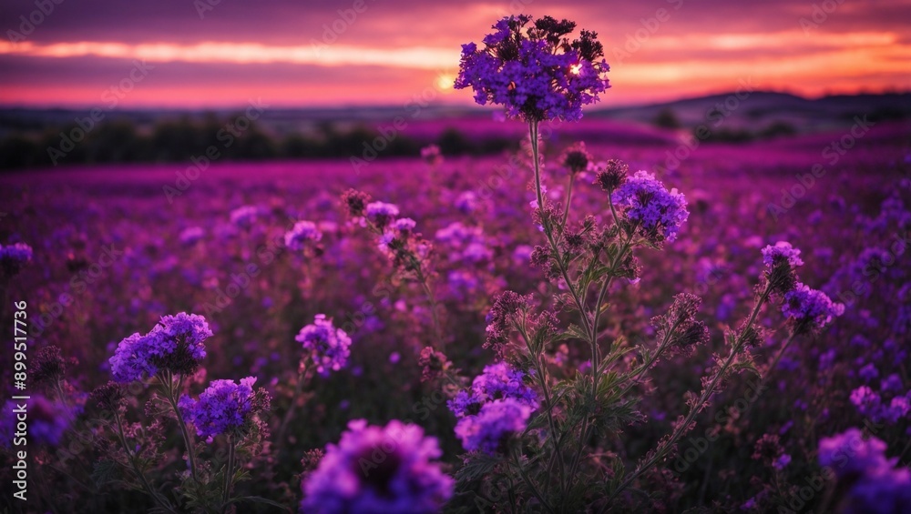 Fototapeta premium Purple Haze Sunset: A breathtaking sunset paints the sky in vibrant hues of pink and orange, casting a magical glow over a vast field of purple wildflowers, creating a serene and mesmerizing landscap