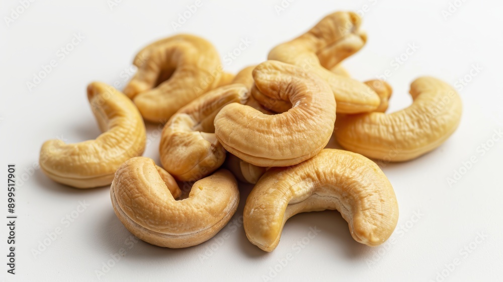 Mound of cashew nuts creates a tasty and nutritious snack against a white backdrop Mound of cashew nuts creates a tasty and nutritious snack against a white backdrop