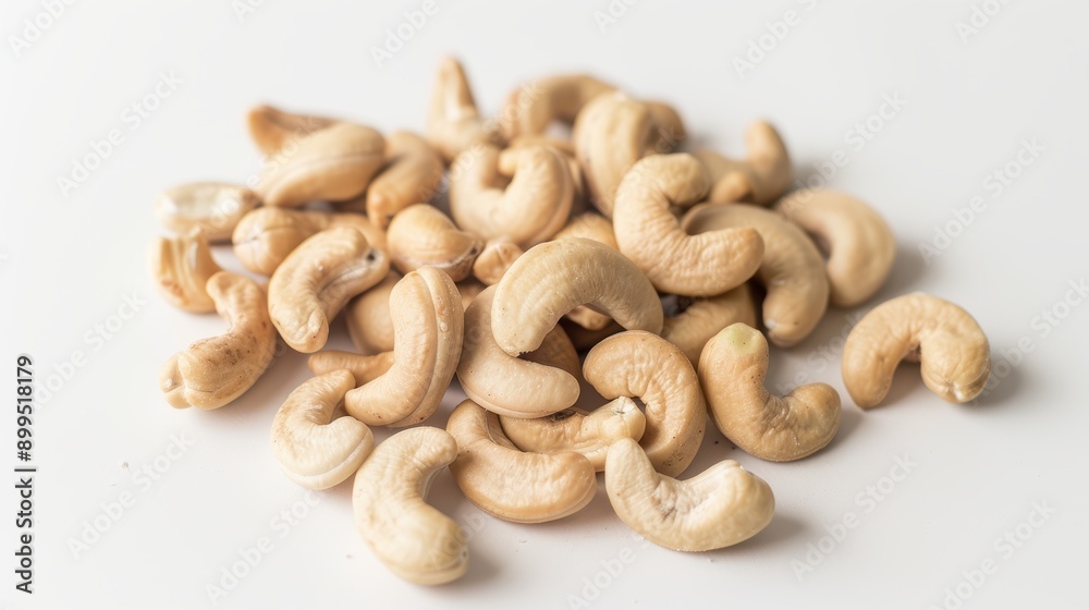 Delicious and healthy snack: scattered cashew nuts on a white surface Delicious and healthy snack: scattered cashew nuts on a white surface