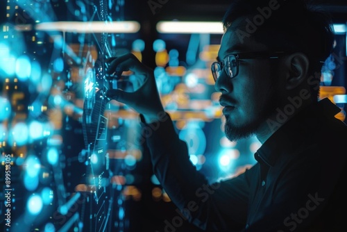 A man is looking at a computer screen with a blue background