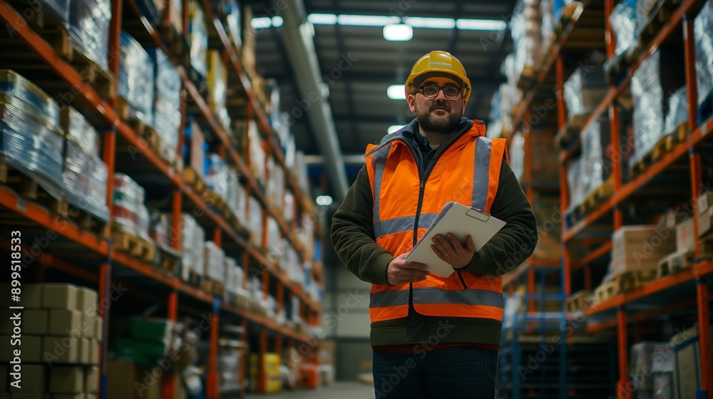 Warehouse Worker with Clipboard and Safety Gear Conducting Inventory in Industrial Setting Warehouse Worker with Clipboard and Safety Gear Conducting Inventory in Industrial Setting