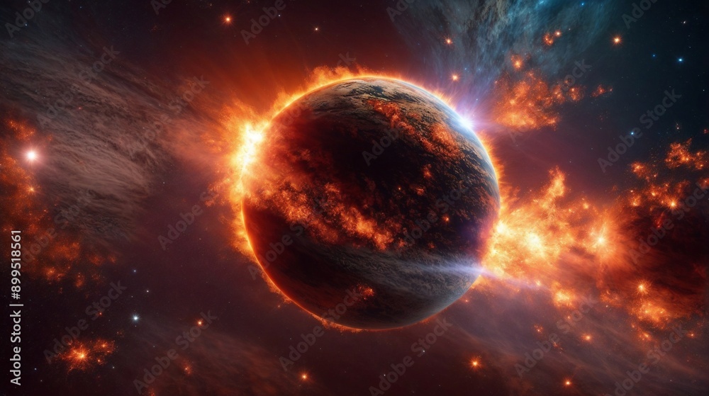 Obraz premium Cosmic Inferno: A fiery planet explodes in a dramatic display of celestial chaos, its surface engulfed in a raging inferno, surrounded by swirling cosmic dust and distant stars, evoking a sense of cos