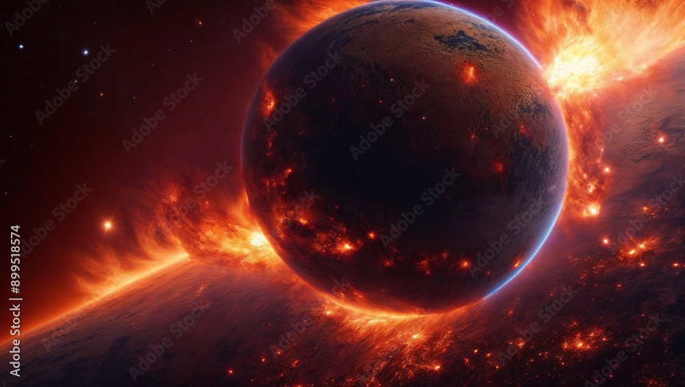 Obraz premium Fiery Planet Apocalypse: A dramatic and apocalyptic scene of a planet engulfed in flames, with a blazing ring of fire surrounding it, highlighting the chaos and destruction of a cosmic event. The imag
