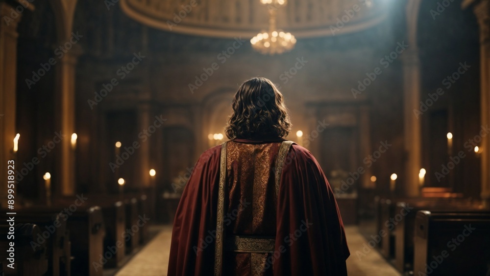 Solitude and Faith: A lone figure, bathed in soft, golden light, walks down the aisle of a cathedral, candles flickering on either side. The composition evokes a sense of peace, introspection, and the Solitude and Faith: A lone figure, bathed in soft, golden light, walks down the aisle of a cathedral, candles flickering on either side. The composition evokes a sense of peace, introspection, and the