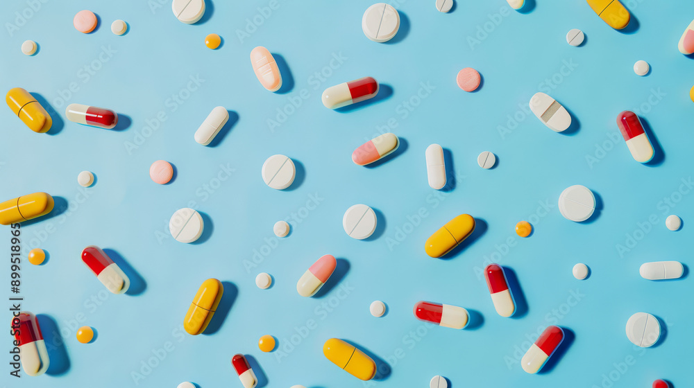 A variety of colorful pills and capsules scattered on a vibrant blue surface, representing health, medicine, and pharmaceutical diversity.