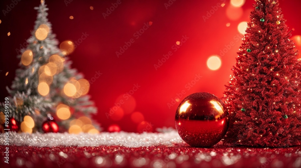 Christmas Sparkle: A festive red backdrop with shimmering lights sets the stage for two decorated Christmas trees and a single, gleaming bauble, evoking the warmth and magic of the holiday season. Christmas Sparkle: A festive red backdrop with shimmering lights sets the stage for two decorated Christmas trees and a single, gleaming bauble, evoking the warmth and magic of the holiday season.