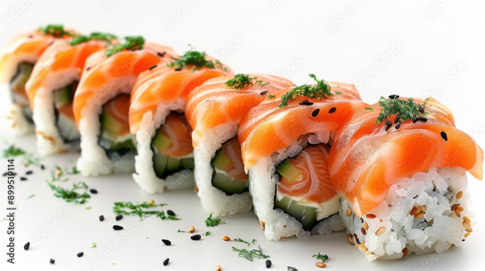 A close-up of a fresh salmon sushi roll garnished with herbs and seeds, presented on a white background. A close-up of a fresh salmon sushi roll garnished with herbs and seeds, presented on a white background.