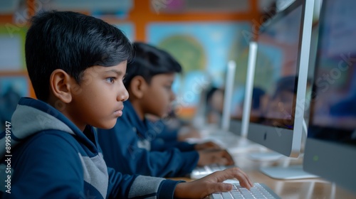 Indian School boy Focused on Computer Learning in Classroom with Other Students