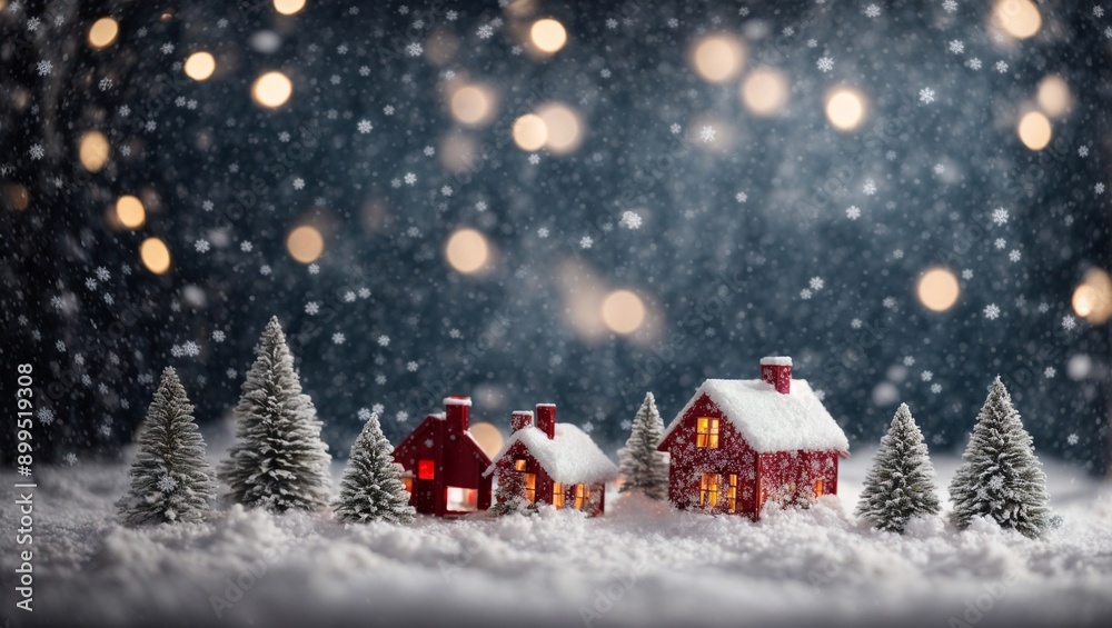 Obraz premium Winter Wonderland Village: A charming miniature village nestled in a snowy landscape, bathed in the warm glow of Christmas lights, evokes a sense of cozy winter magic. 