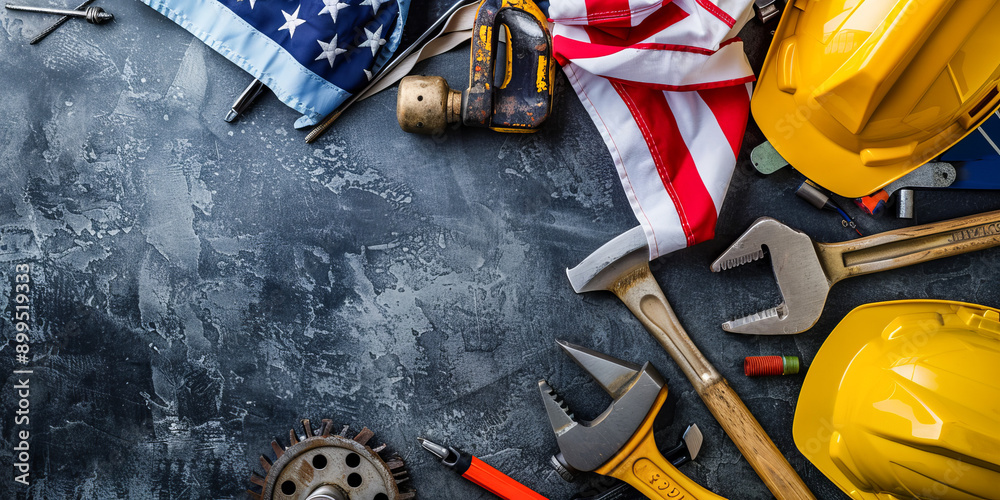 Labor Day Concept with Tools and American Flag Labor Day Concept with Tools and American Flag