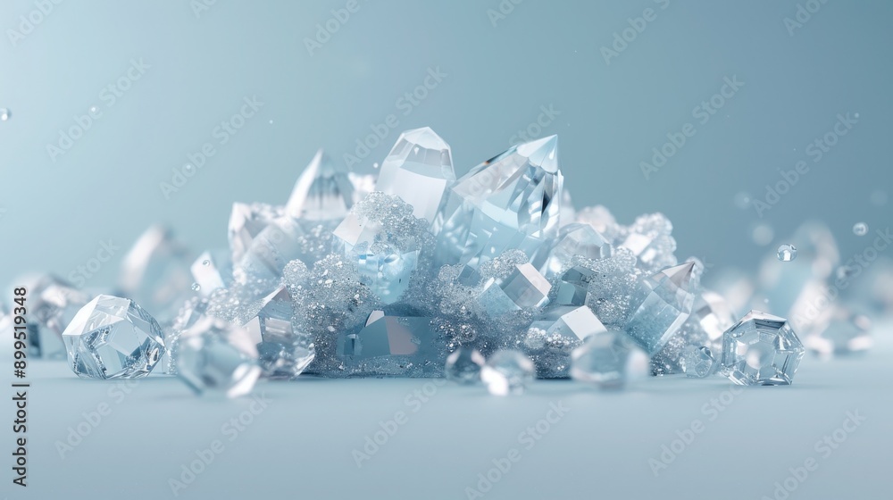A stunning close-up image of clear, shiny crystals in various shapes and sizes, set against a soft blue background, capturing their purity. A stunning close-up image of clear, shiny crystals in various shapes and sizes, set against a soft blue background, capturing their purity.