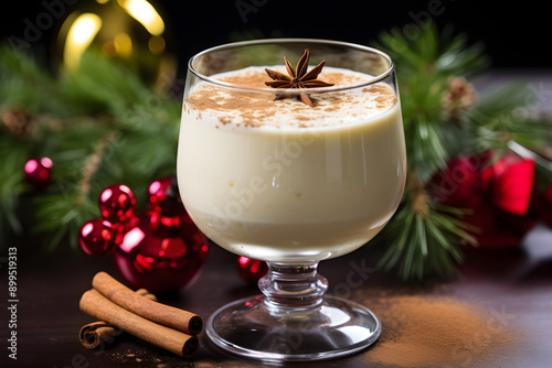 Holiday Seasonal Eggnog Cocktail garnished with Cinnamon Stick in Fancy Glassware surrounded by Christmas Melody