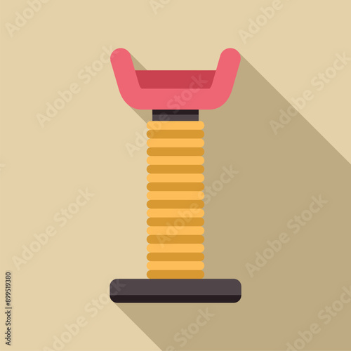Cat scratching post standing on beige background with long shadow, pet shop logo, flat design