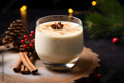 Holiday Seasonal Eggnog Cocktail garnished with Cinnamon Stick in Fancy Glassware surrounded by Christmas Melody