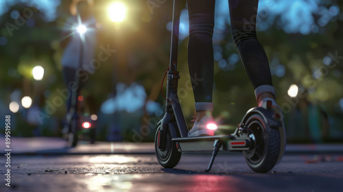 Close-up of an electric scooter at dusk, highlighting modern transportation and the smooth, illuminated journey through city streets, capturing a sleek, contemporary feel.