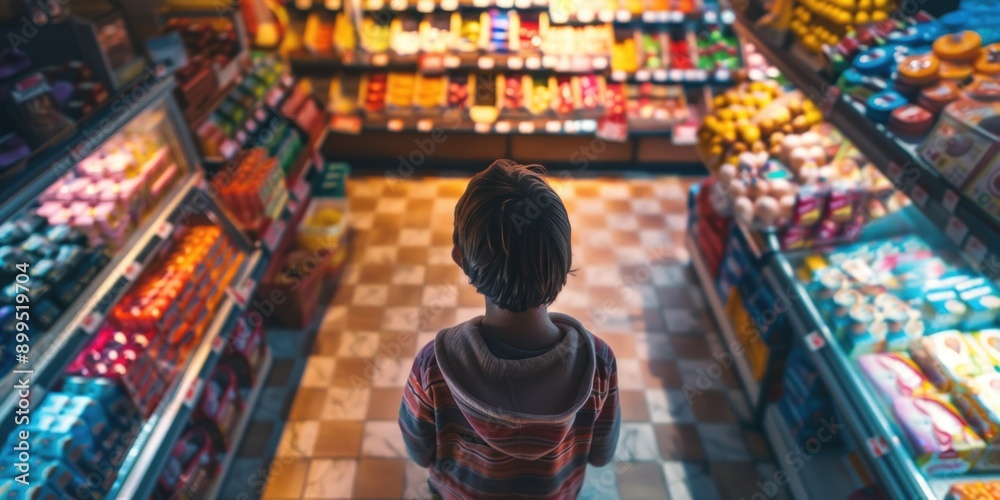 A young boy stands in a grocery store aisle looking at the food A young boy stands in a grocery store aisle looking at the food