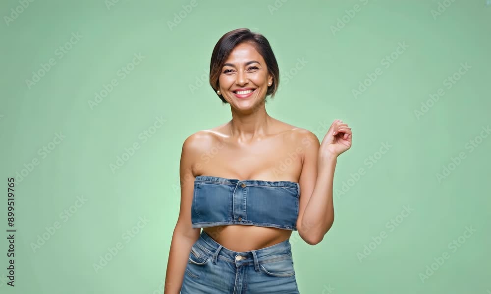 Portrait of a smiling young asian woman in denim shorts and top over green background Portrait of a smiling young asian woman in denim shorts and top over green background