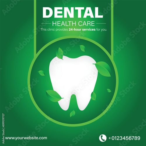 Dental health care square poster template design suitable for dental clinic. oral health concept, teeth with fresh leaves vector.