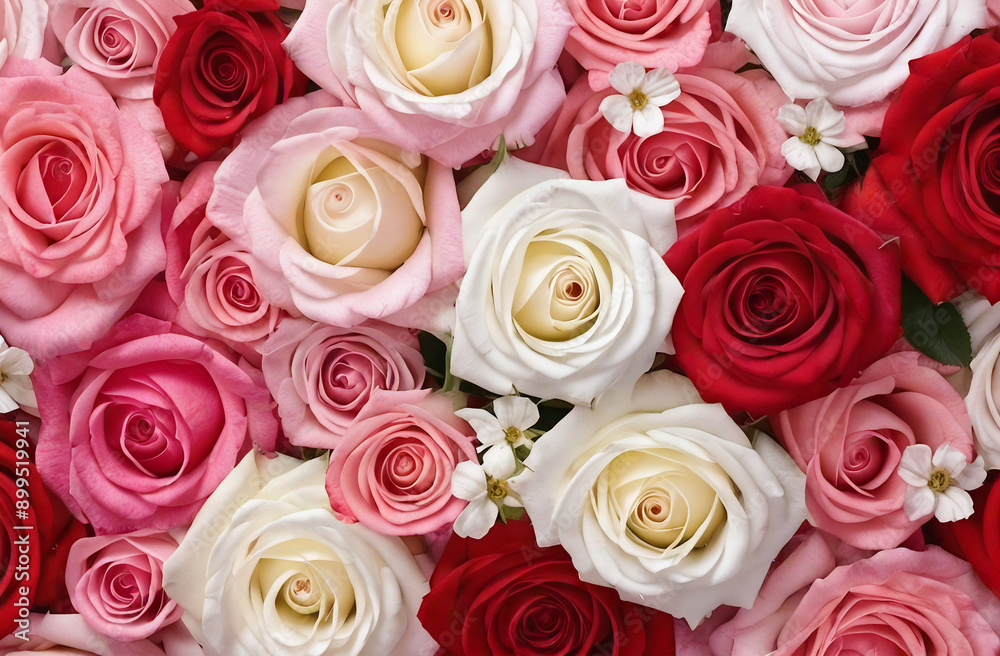 Top view of roses in red pink and white Top view of roses in red pink and white