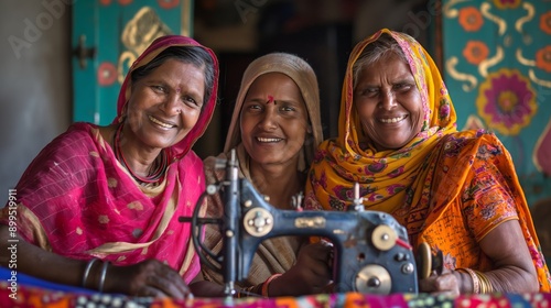 Three Smiling Indian Self-Employed Women in Colorful Attire Working Together