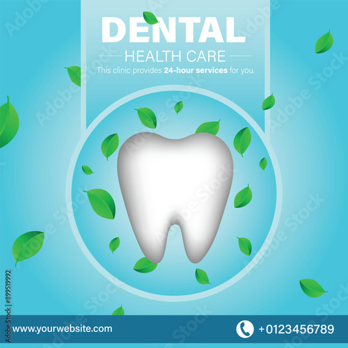 Dental health care square postr template design suitable for dental clinic. teeth with fresh falling leaves vector.