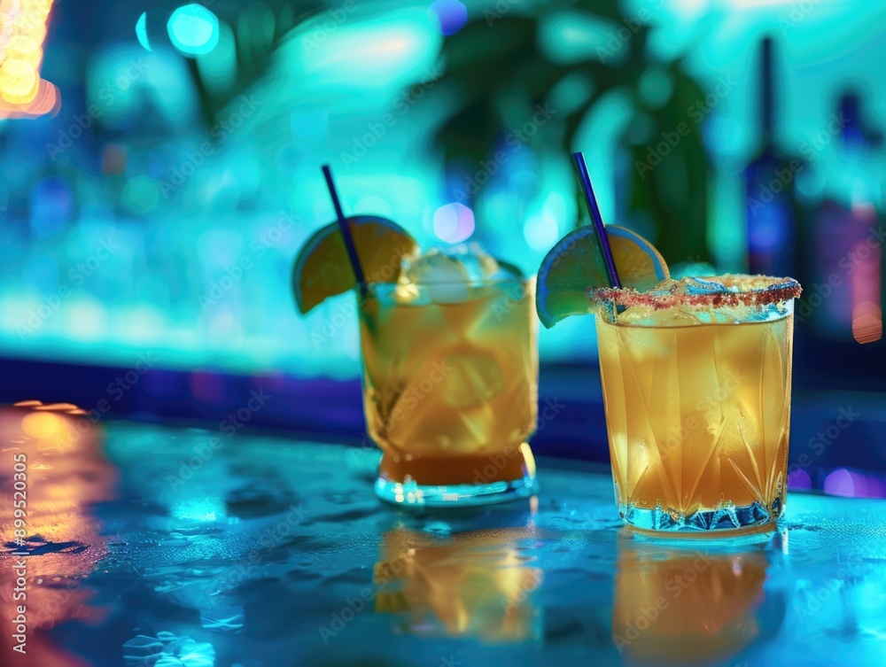 Two drinks with straws and limes on the table Two drinks with straws and limes on the table