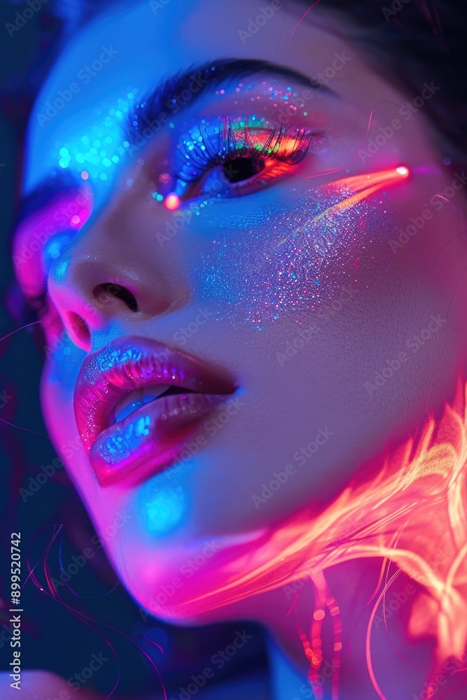 A woman with neon colored makeup on her face A woman with neon colored makeup on her face