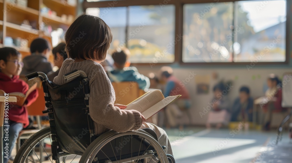 Child in wheelchair reading a book in a classroom with other students. Education and inclusion for children with disabilities. Child in wheelchair reading a book in a classroom with other students. Education and inclusion for children with disabilities.