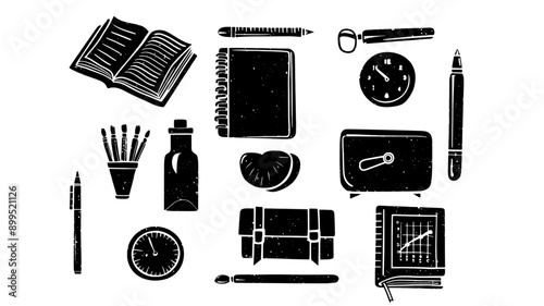 School elements vintage linocut set, black vector logo on transparent background, book, pen, apple, back to school